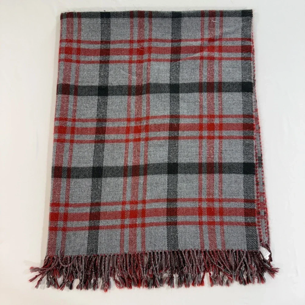 Pottery Barn Reversible Plaid Throw Blanket Red Grey Houndstooth Fringe 50x60